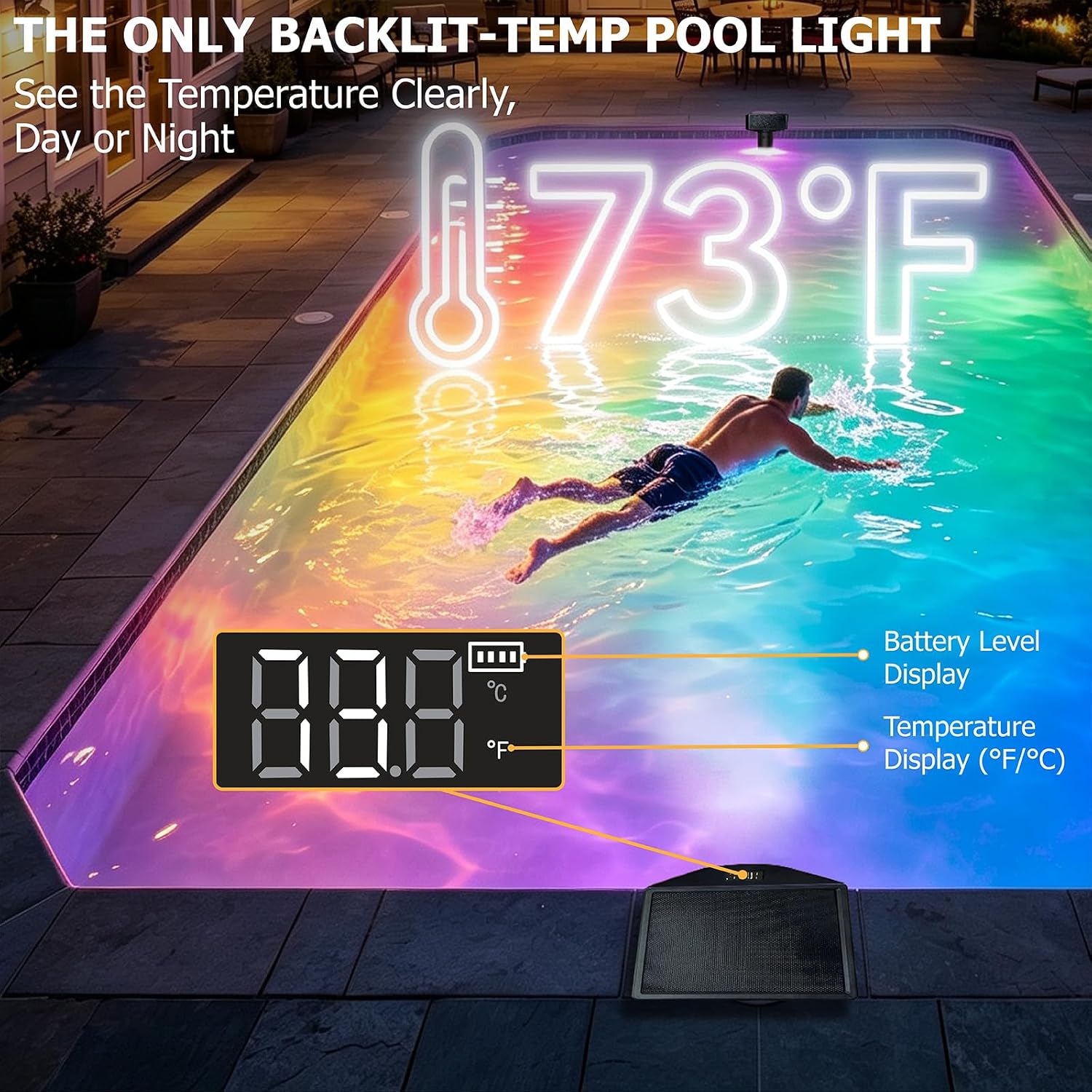 Pool Lights Solar Powered with Temperature Display, Adjustable Length, IP68 Waterproof, 6000mAh Battery, 9 Color Modes with Remote Control for Above Ground/Inground Pools, RGB LED Swimming Pool Light