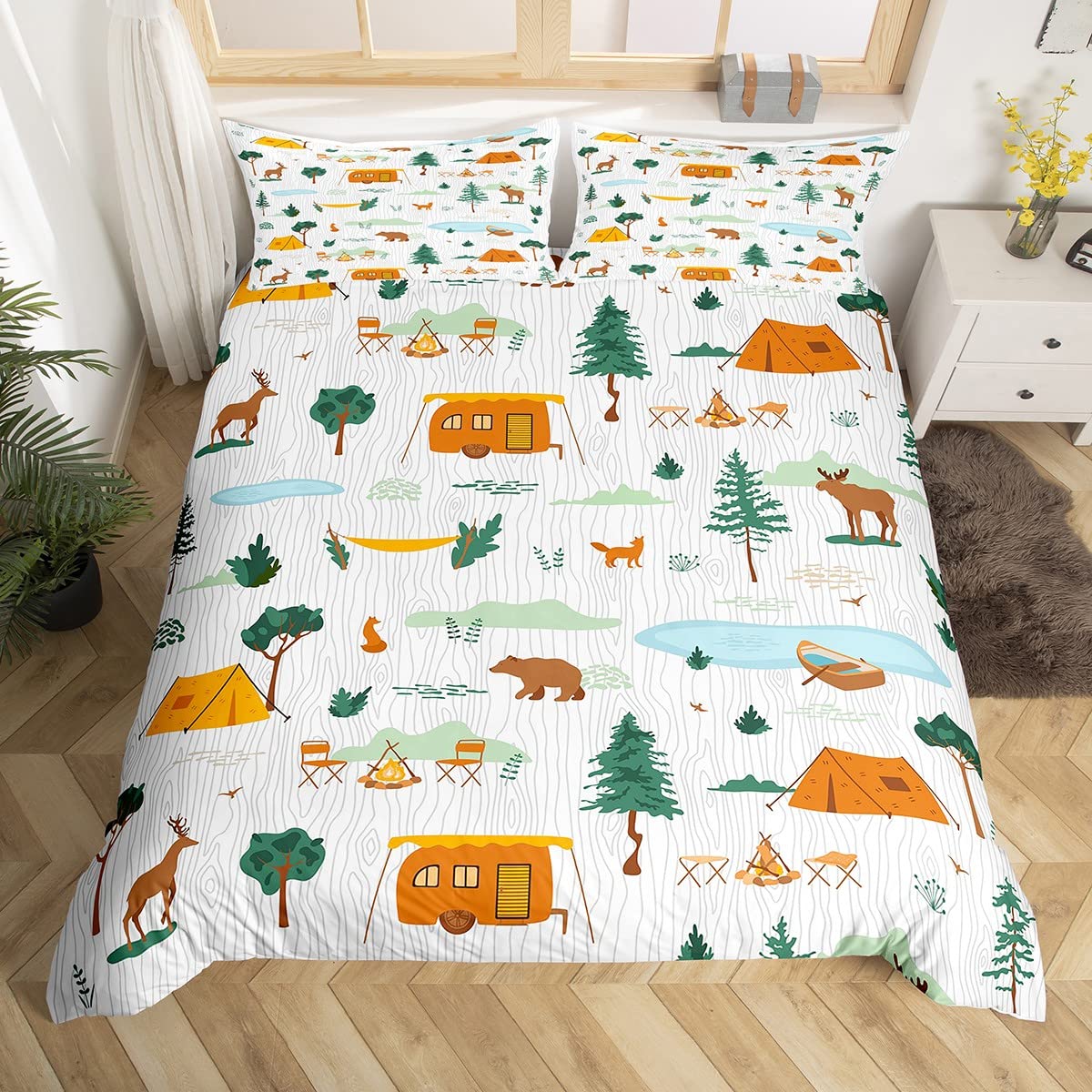Kids Camping Themed Bedding King Size Rustic Duvet Cover, Happy Camping Comforter Cover Western Farmhouse Bedroom Decor Camper Bedding Cute Animal Fox Bear Deer Print Bedspread Cover 3 Pcs