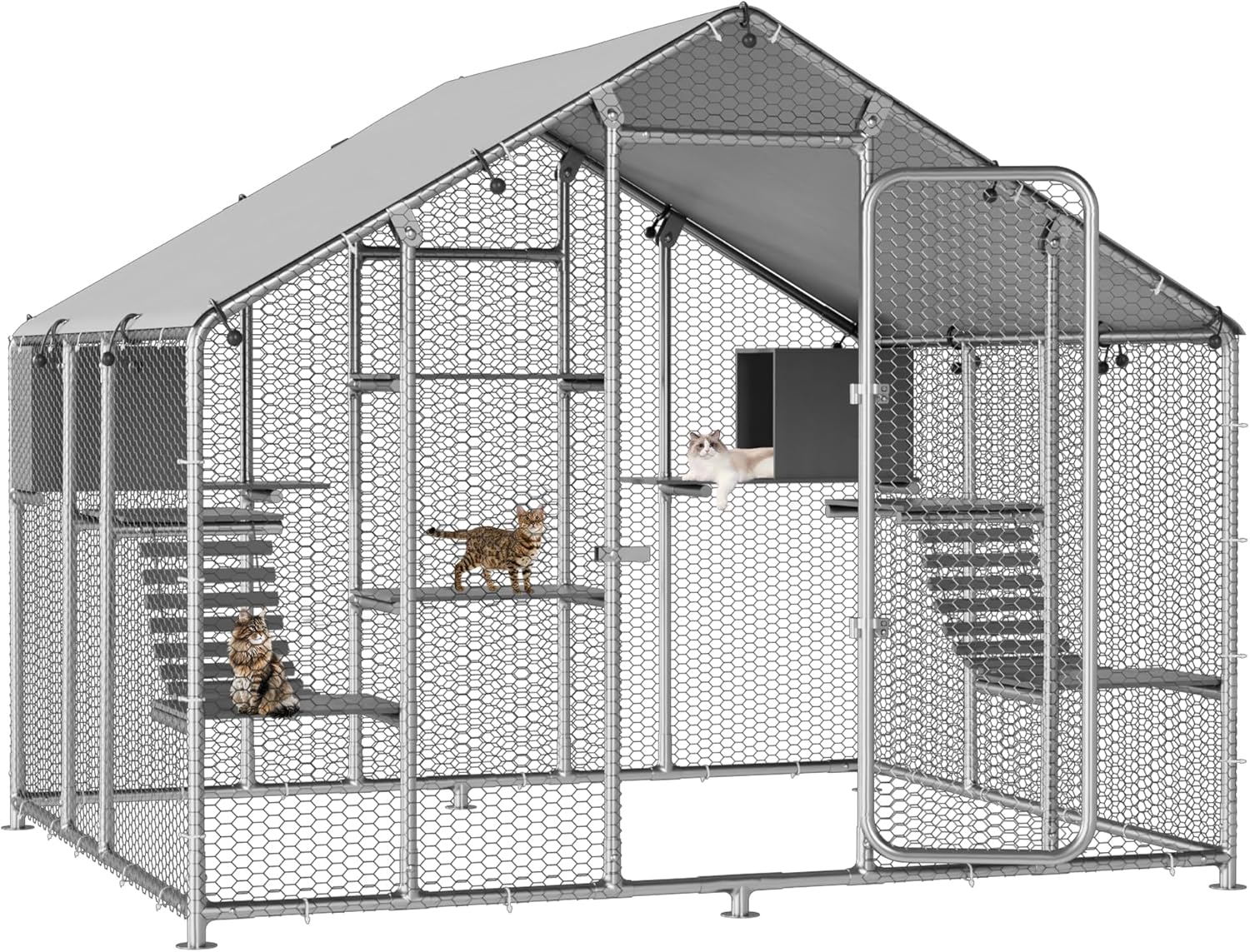 Extra Large Walk-in Catio Outdoor Cat Enclosure, 76" H Cat House with 2 Sleeping Boxes, 6 Platforms, 2 Bridges, 51.67 sq.ft Large Galvanized Steel Window Acess Kitty Cage Chicken Coop