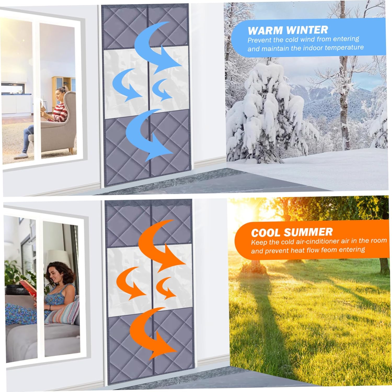 Thermal Door Curtain, 3.3x6.6 Ft Visible Windproof Folding Door, Internal Noise-canceling Waterproof Cold-Resistant Screen with Clear Windows, Style 2