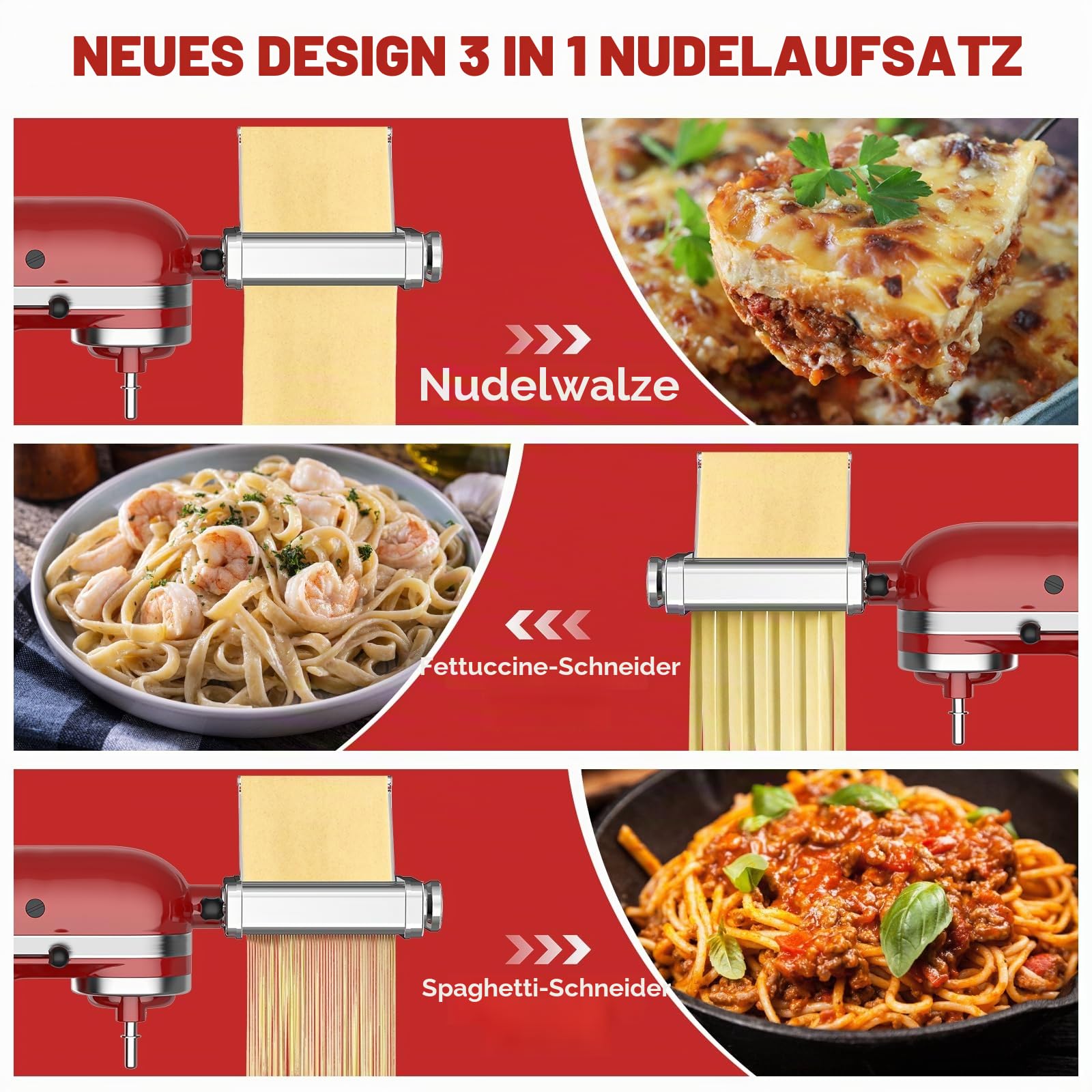 Gvode 3-in-1 Edelstahl Nudelaufsatz für KitchenAid Standmixer & Artisan, Pasta Zubehör für KitchenAid Set mit Nudelwalze, Spaghetti-Fettuccine-Schneider, 8 Dickenstufen & Edelstahl Führungsblech