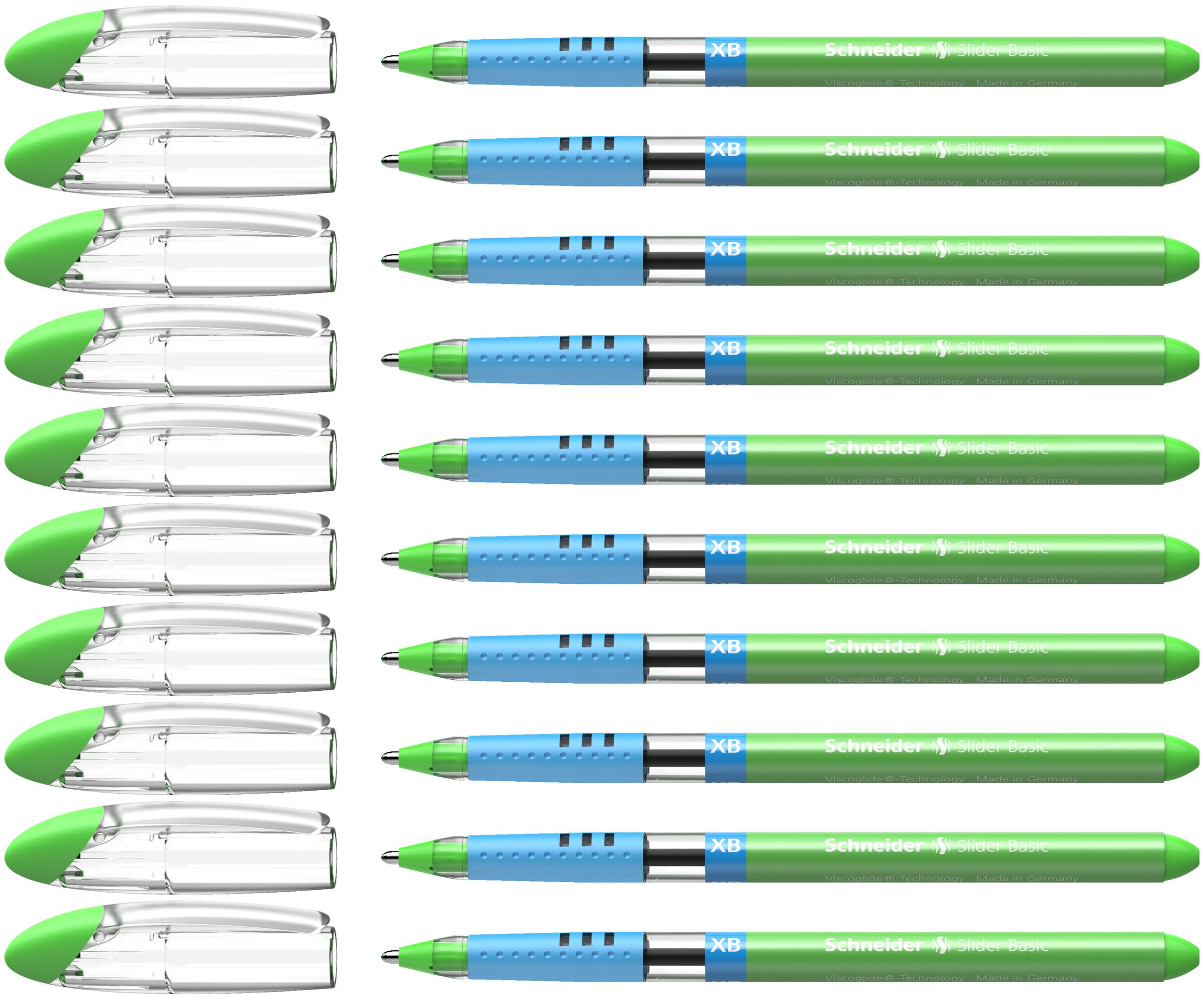 Schneider Slider Basic Writing Instruments Ballpoint Pen Cap Model XB Light Green Barrel Colour Transparent Pack of 10
