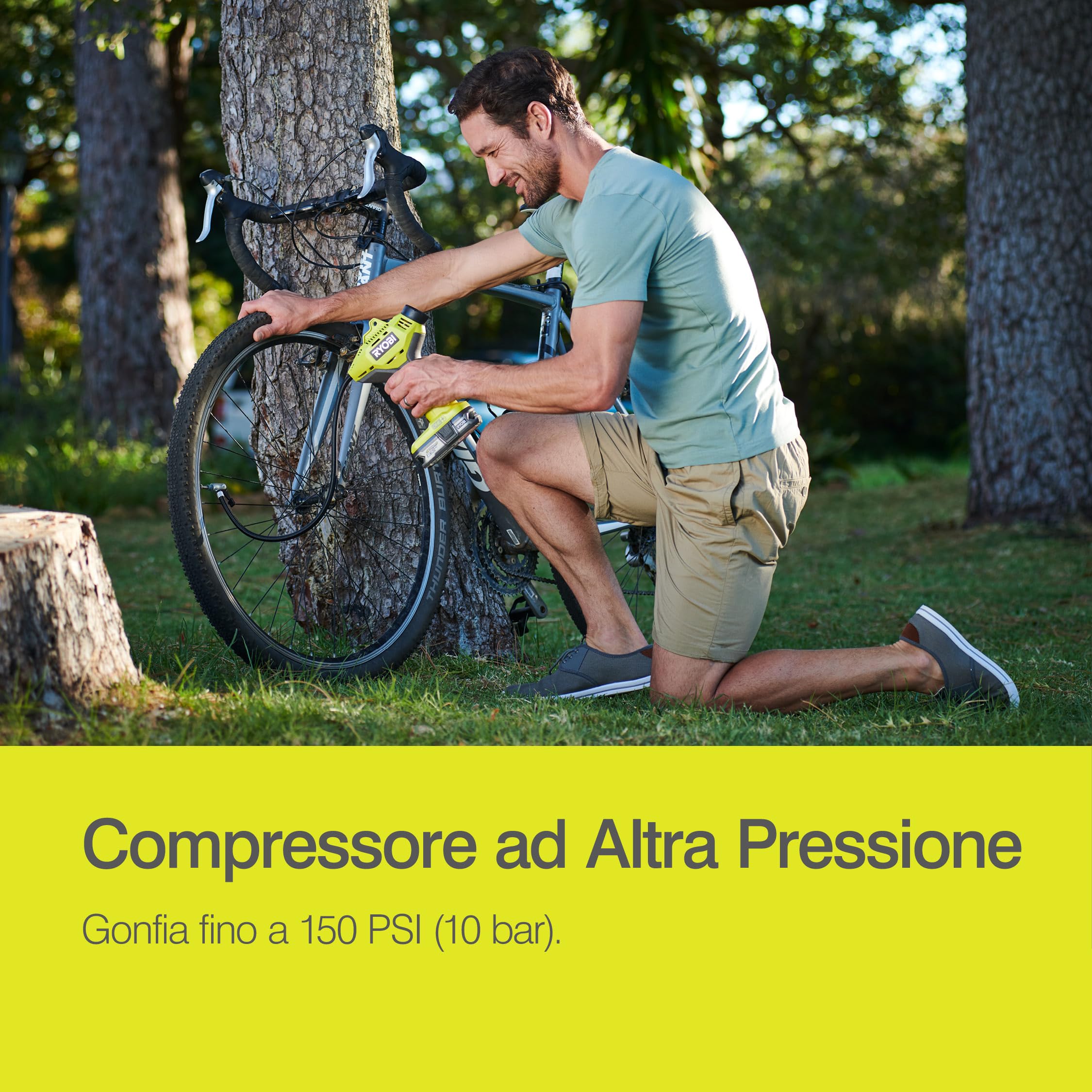 Ryobi Compressore Compatto a Batteria 18V ONE+ fino a 10,3 Bar, con Manometro Integrato, Tubo 50 cm e Accessori Inclusi per Pneumatici, Bici e Palloni, Batteria Non Inclusa, R18PI-0