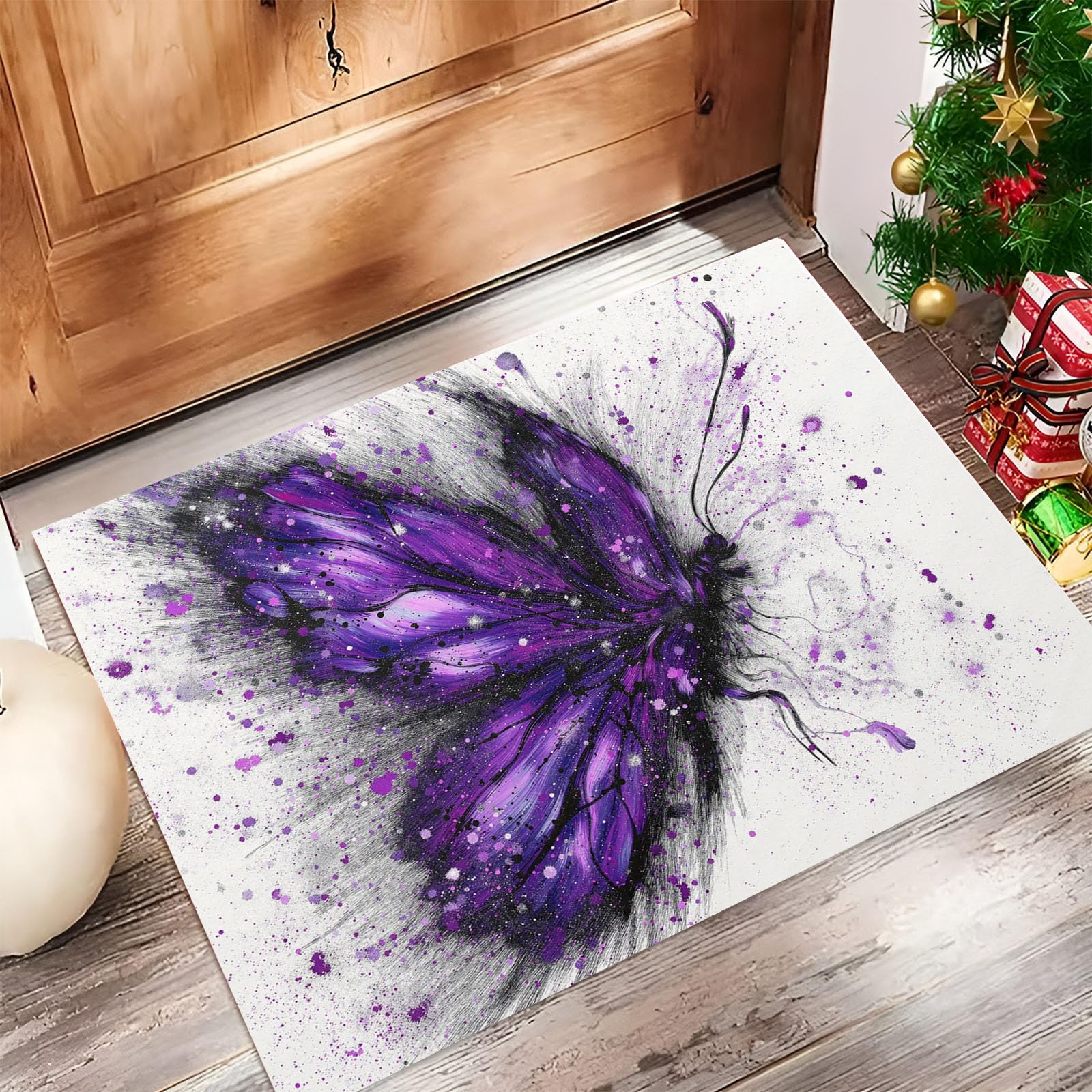 80 x 120 cm, paillasson d'entrée intérieur et extérieur, Tapis Art à l'encre éclaboussée Papillon Violet, Tapis de Sol résistant à la décoloration, Profil Bas, Facile à Nettoyer Violet