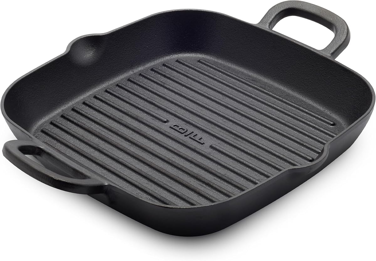 GreenPan x Bobby Flay Cast Iron 11” Square Grill Pan, Pre-Seasoned Professional Grade Heavy Duty Skillet, Helper Handles, Induction Suitable, Stovetop, Oven, BBQ & Fire, Indoor & Outdoor Use, Black