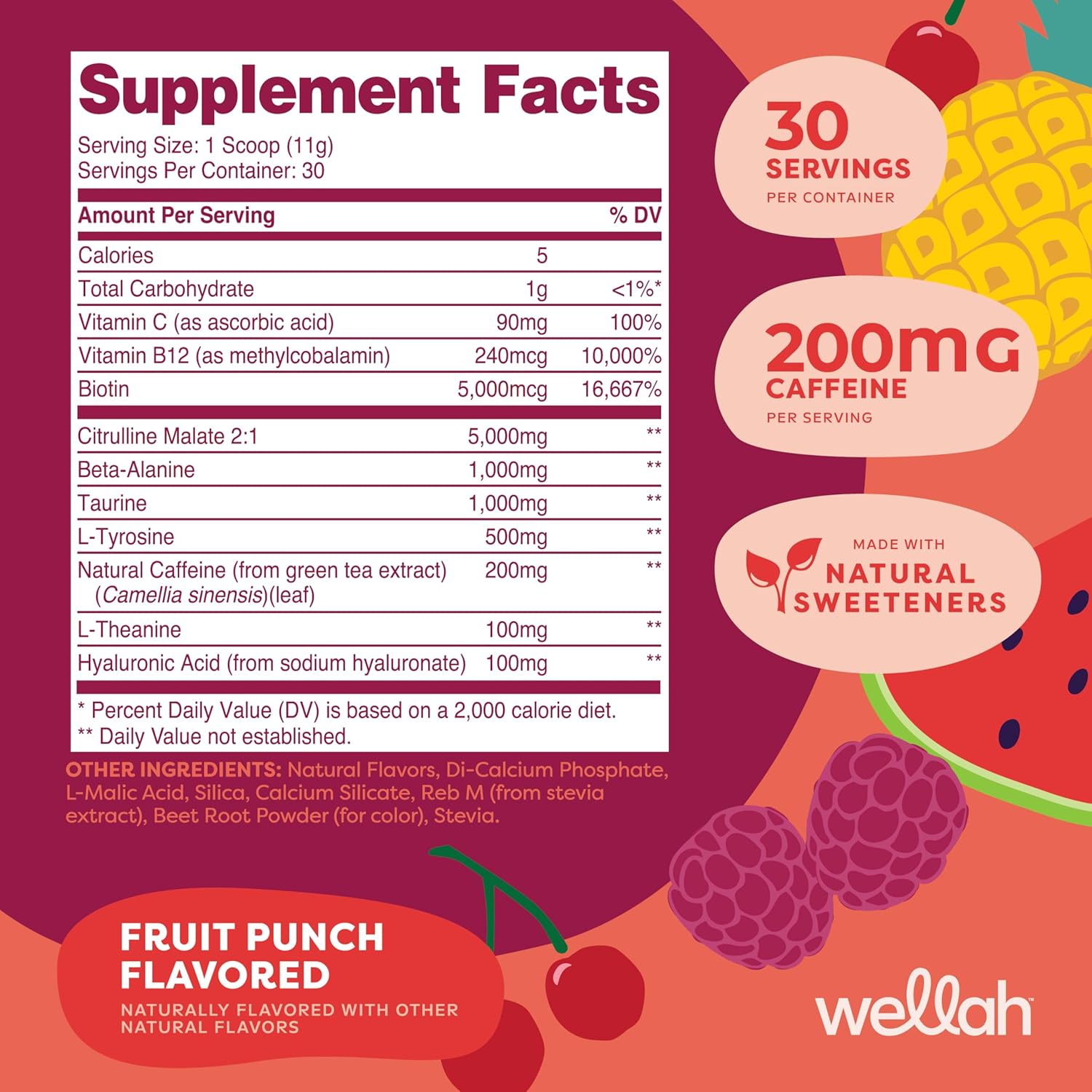 Wellah Get-Going Pre-Workout Drink Mix (Fruit Punch Flavored, 30 Servings) - with Citrulline Malate and L-Theanine, 200mg of Natural Caffeine & 1000mg of Beta-Alanine - Image 2