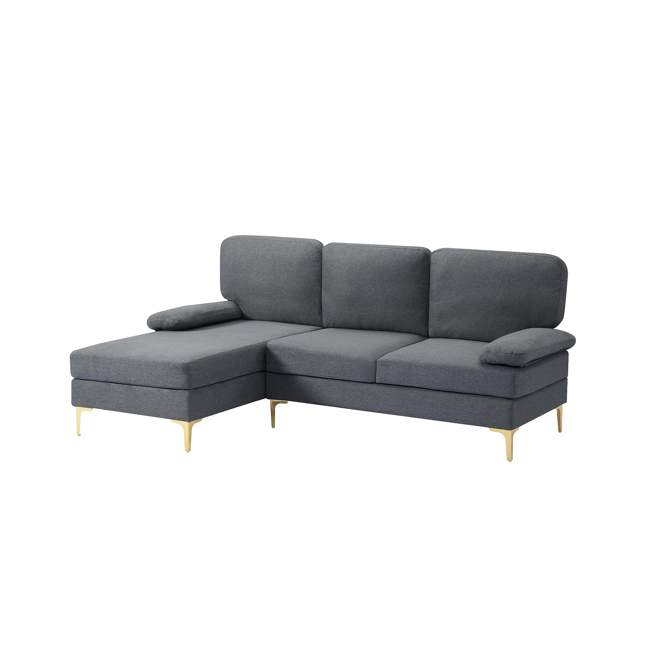 L-Shape Convertible Sectional Sofa with Extra Wide Chaise Lounge, Two Detachable Armrest Pillows, 3-Seat Upholstered Couch w/Metal Legs for Small Space, Apartment, Living Room, Office
