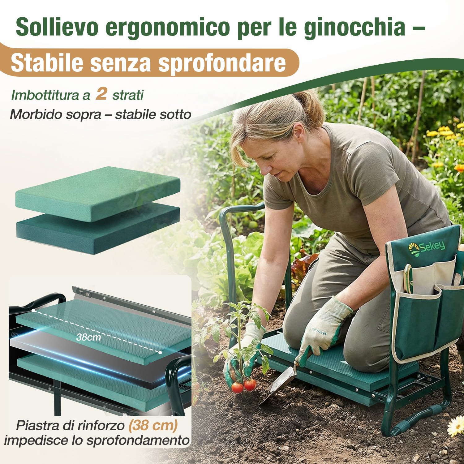 Sekey Panca regolabile in altezza per giardinaggio, portata 160 kg, sgabello da giardino pieghevole con tasche per attrezzi, aiuto per il giardinaggio, 60 x 50 x 28 cm, verde