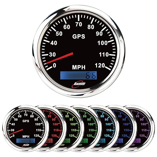Racetech 3.346 in 3-38 "velocímetro GPS cuentakilómetro digital con sensor GPS 120 MPH impermeable negro dial 7 colores LED para coche, camión,