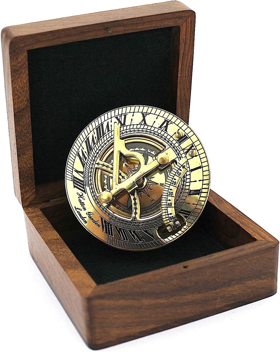 THOR INSTRUMENTS Solid Brass Sundial and Compass in Hardwood Box - Polished Brass Sundial Compass Rustic Vintage Home Decor Gifts