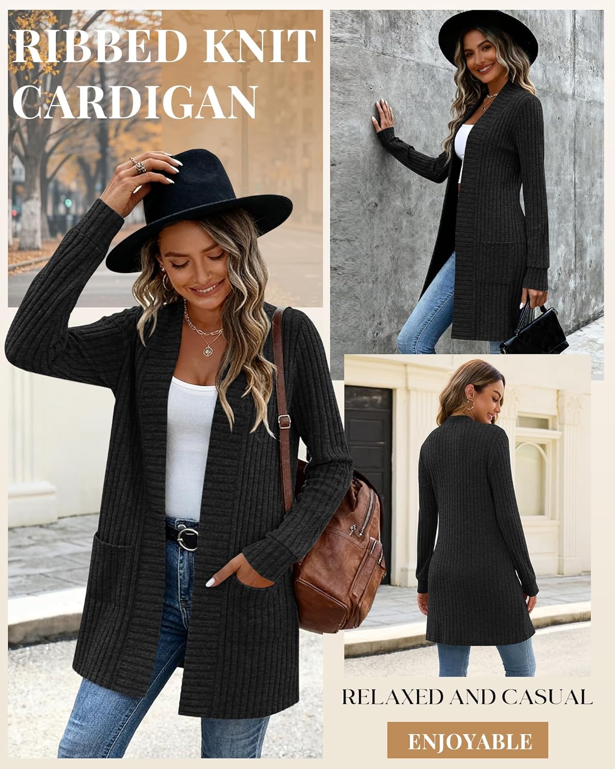 Women's Long Cardigan Sweater with Patch Pockets, Open Front Long Sleeve Lightweight Loose Ribbed Knit Coatigan - Image 3