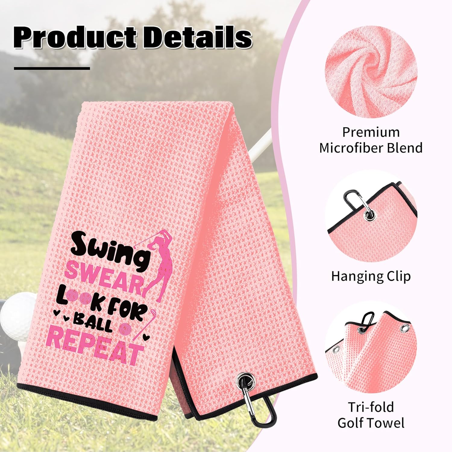 Golf Towels with Clip, Embroidered Funny Golf Towel, Swing Swear Look for Ball Repeat Pink Golf Towel, Golf Accessories, Golfs Gifts for Women, Golfs Lovers Mom, Gifts for Christmas Thanksgiving Day - Image 3