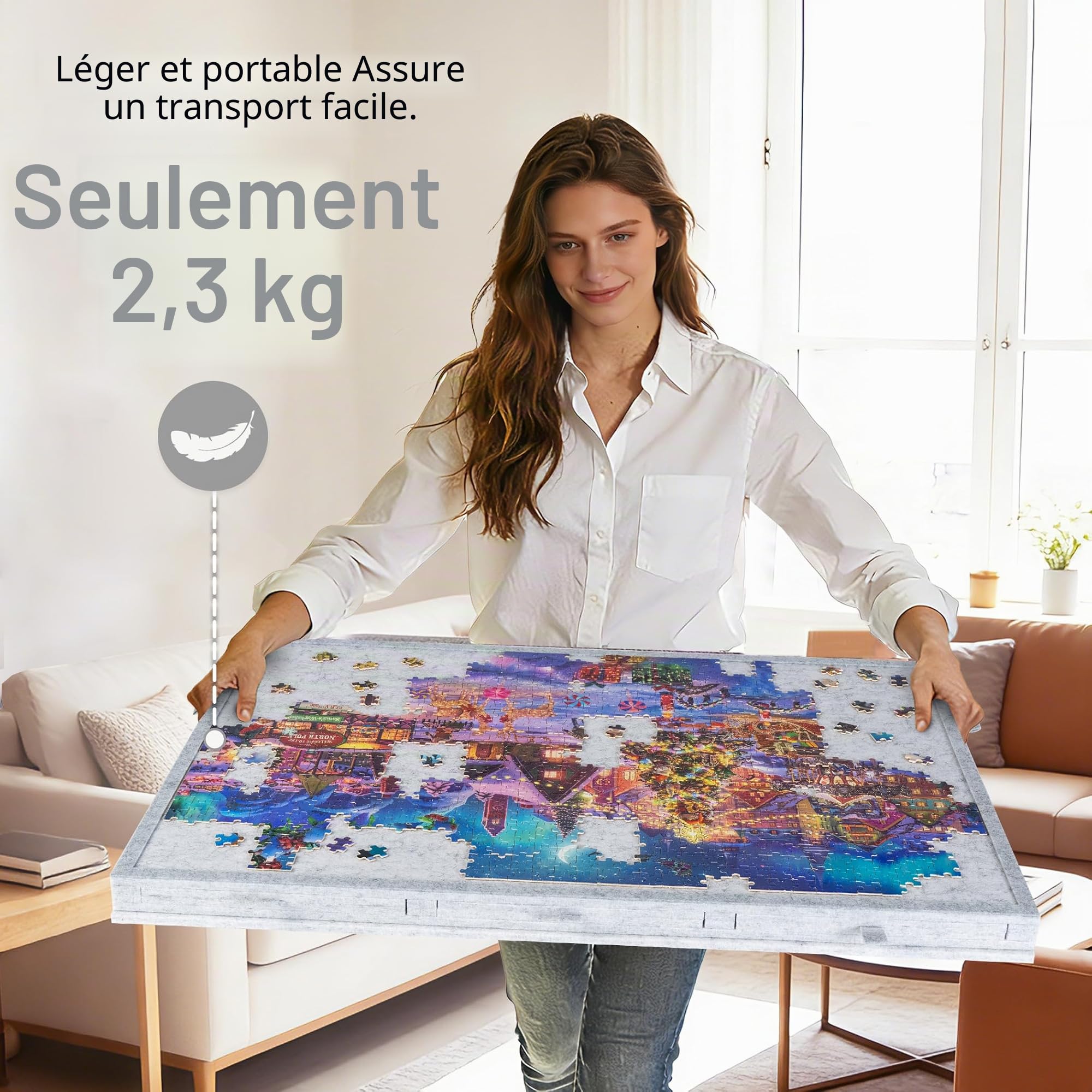 Lavievert Planche de Puzzle Inclinable 2 en 1 Support Housse Plateau Feutre Léger 6 Tiroirs Table Portable 1000 Pièces Gris Clair