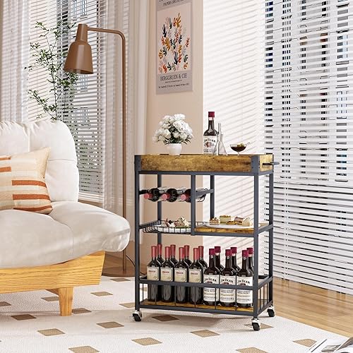 Miniatura 2 de aboxoo Carrito de bar Copa de vino 3 con nivel de cesta, estante rodante con ruedas, cocina móvil, estilo industrial vintage, carrito de servir de