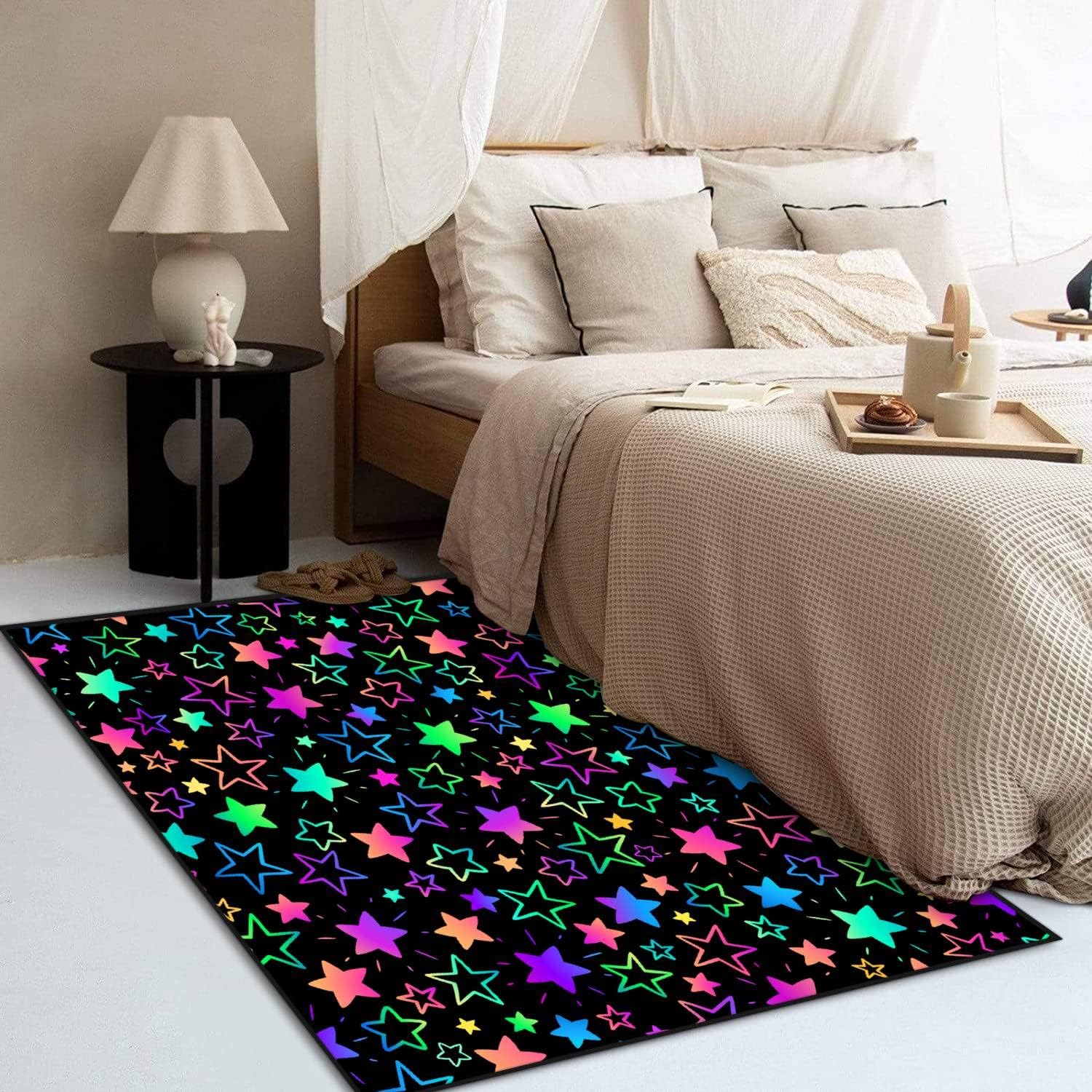 Kids Area Rugs Seamless Background with Bright neon Stars 3D Rugs for Playroom Bedroom Classroom Decor Yoga Mat Non-Slip Floor Outdoor Mat Carpets for Kids 4x6 ft