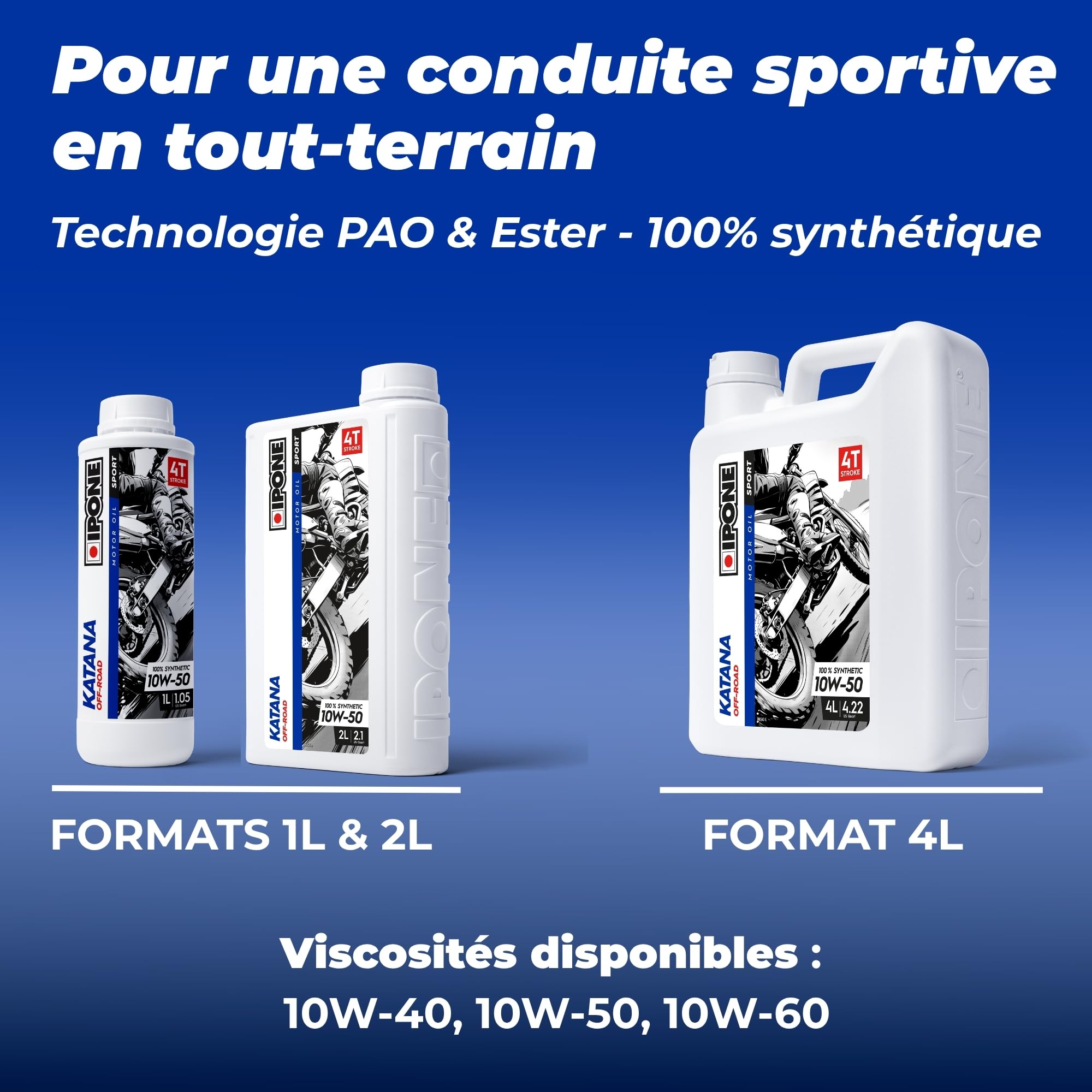 IPONE - Huile Moteur Moto 4 Temps 10W40 Katana Off Road - Bidon 1 Litre - Lubrifiant 100% Synthétique avec Esters – Montées en Régimes Plus Franches – Passage de Vitesse Rapide et Précis