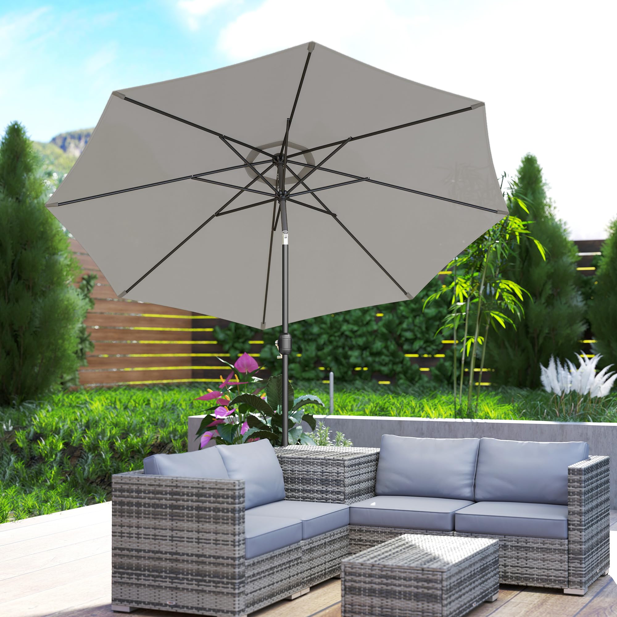 Outsunny Sombrilla de Jardín Ø300x250 cm con Manivela Parasol Exterior con Mecanismo de Inclinación y Poste Desmontable de Metal para Terraza Piscina Patio