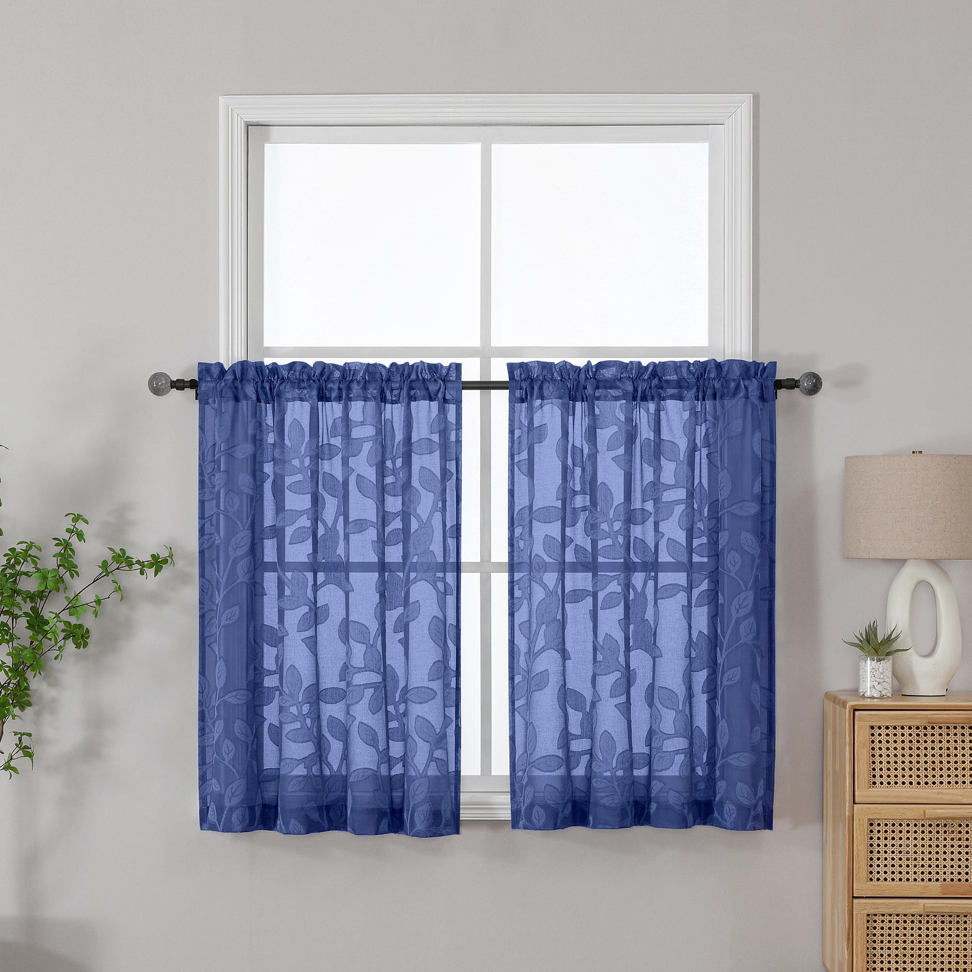 OVZME Dusty Blue Sheer Kitchen Curtains 42 X 36 Inch Length 2 Panels, Semi Sheer Drapes Light Filtering Bathroom Window Curtains, Jacquard Clip Leaf Pattern Short Curtains for Small Window Tiers