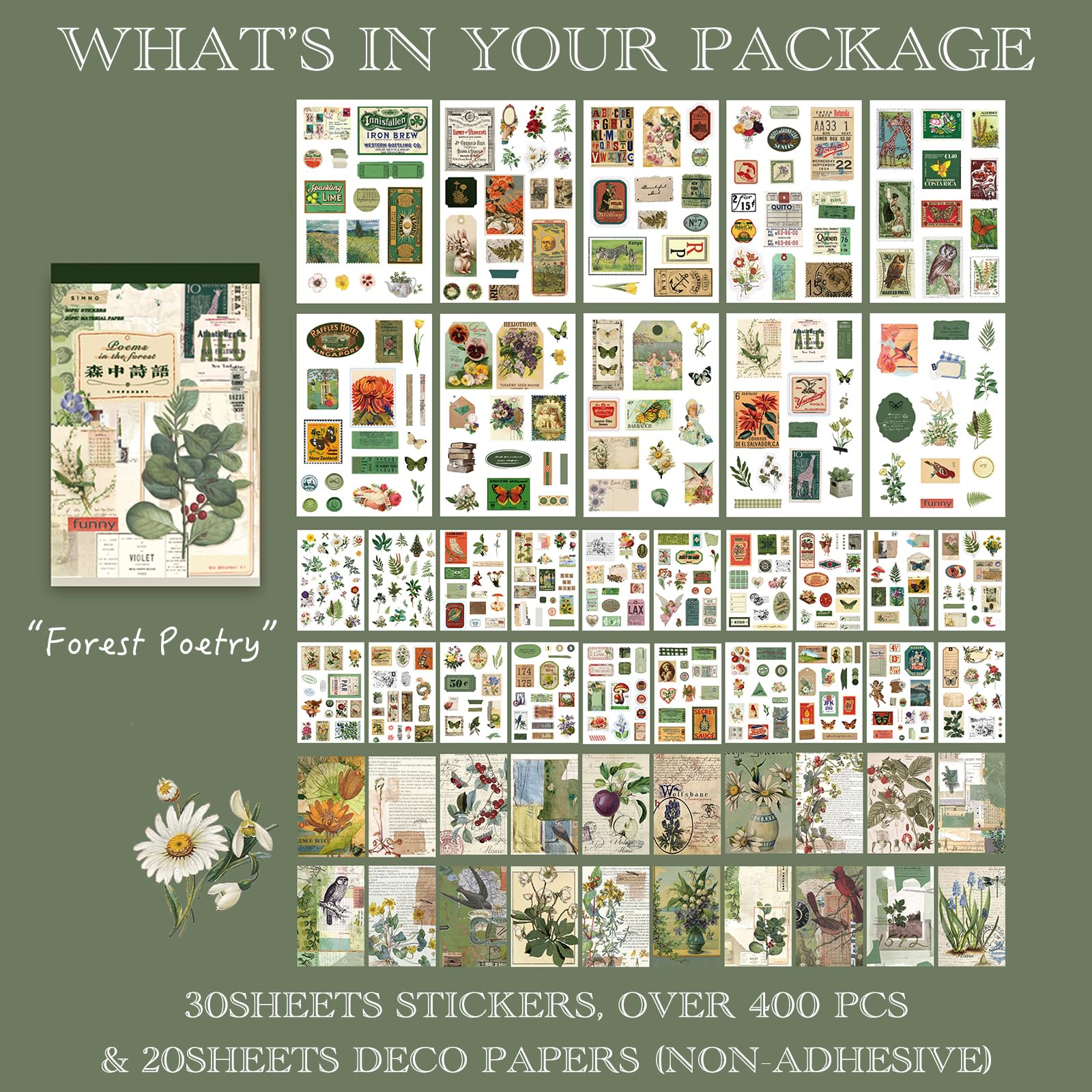 SIBLYMONA 170-Piece Vintage Scrapbooking Stickers Pack - Junk Journal Ephemera For DIY Crafts