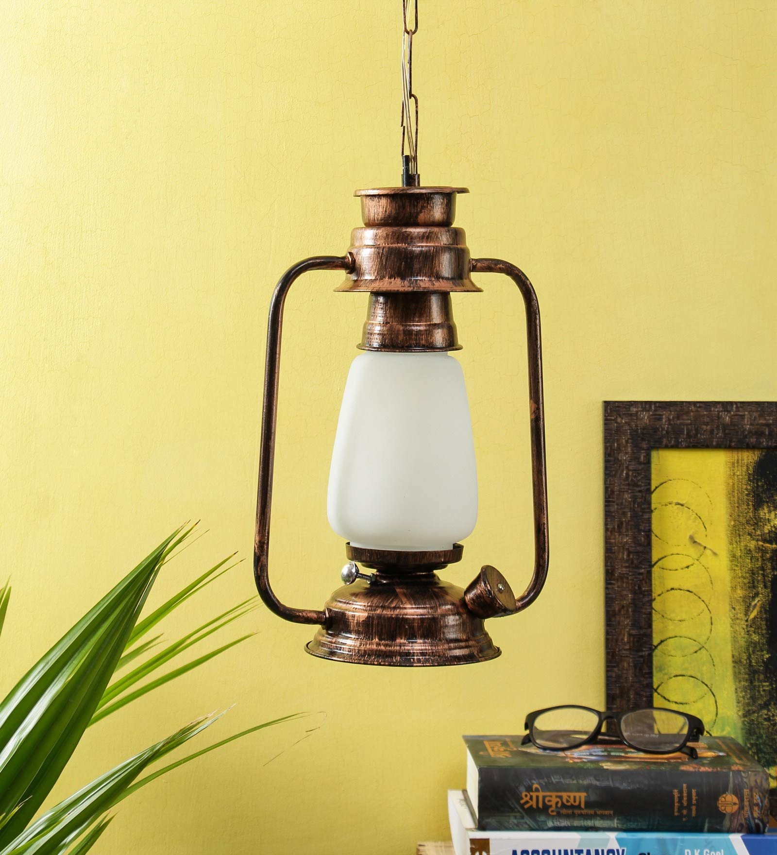 Devansh Copper White Glass Lantern Hanging (White)