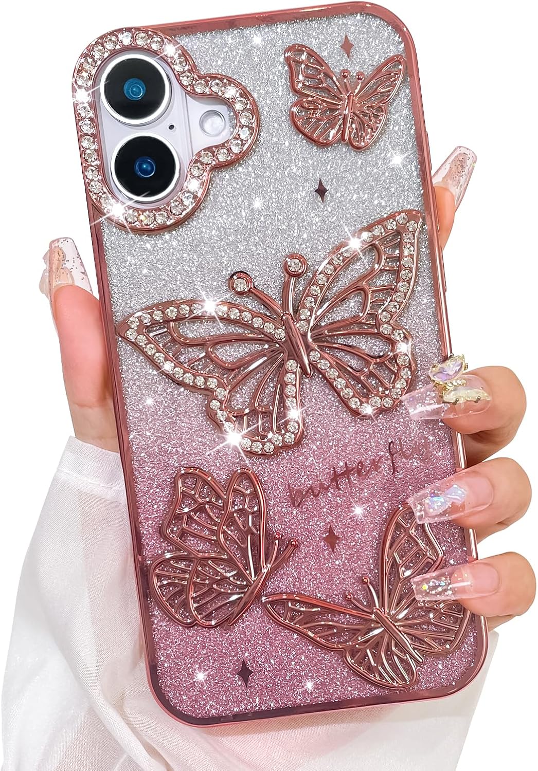 Bonoma Glitter Case for iPhone 16 Plus, Cute 3D Butterfly Pattern Plating Bling Case,Camera Protection Sparkly Slim Soft Back Cover for Women Girls,Pink