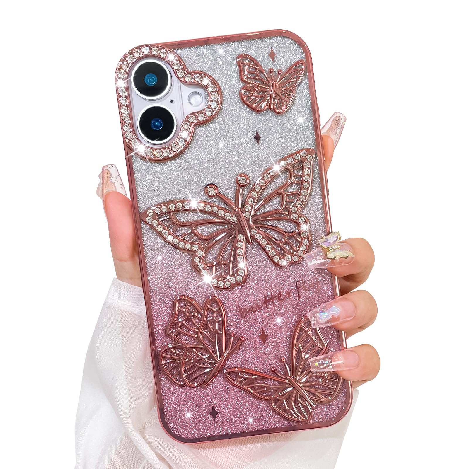 Bonoma Glitter Case for iPhone 16 Plus, Cute 3D Butterfly Pattern Plating Bling Case,Camera Protection Sparkly Slim Soft Back Cover for Women Girls,