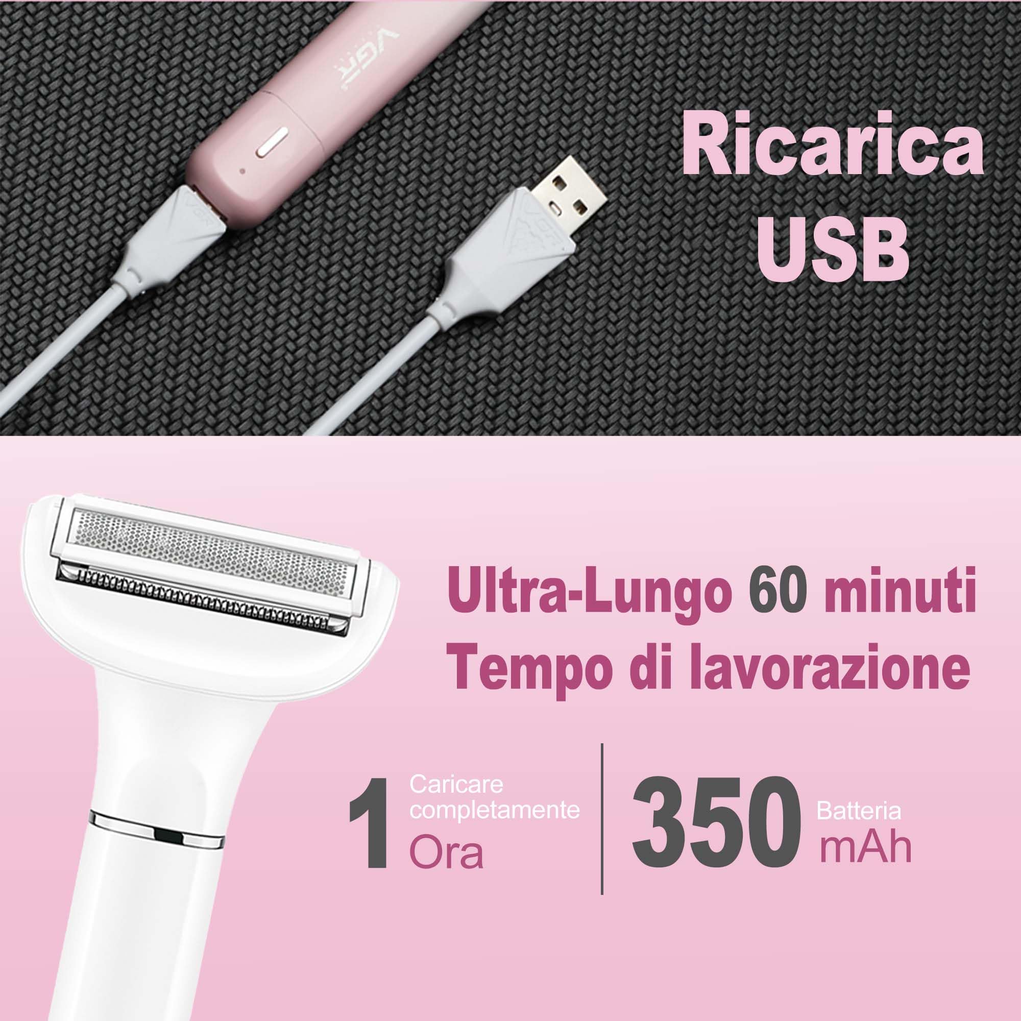 VGR 611 - Rasoio elettrico da donna 3 in 1, senza fili | Rasoio per peli del naso e del viso, ricaricabile, depilazione delicata per gambe, ascelle, bikini e viso