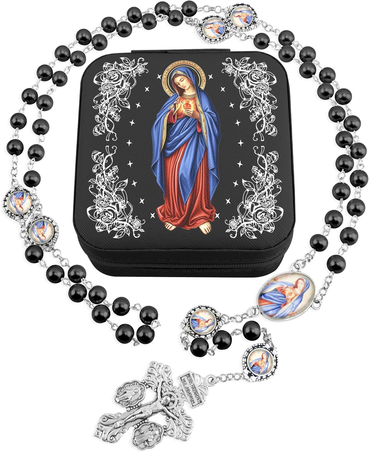Catholic Rosary Necklace for Women with 8MM Glass Pearl Beads - Our Lady of Lourdes & Immaculate Heart of Mary Jewelry Gift, Travel Case, First Communion