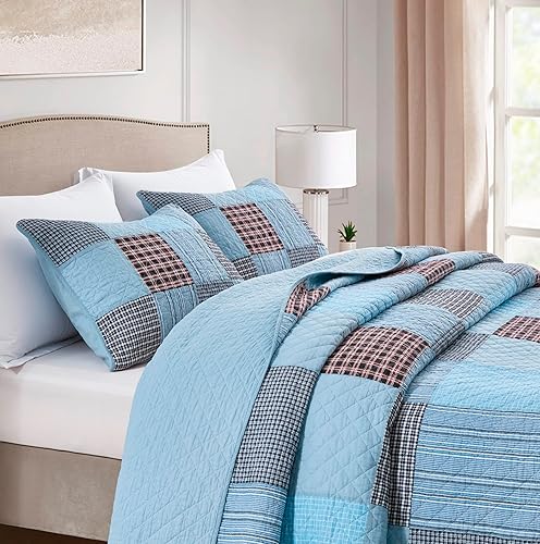 Vista 144 de Chezmoi Collection Samuel Juego de colcha con relleno de cuadros gris pardo, blanco y azul marino, 3 piezas, retales, algodón prelavado, ligero