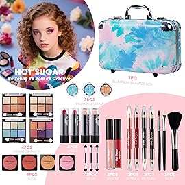 Hot Sugar All In One Makeup Set for Adults and Girls-Full Makeup Kit for Beginners Includes Eye Shadow Palette Blush Lip Gloss Lipstick Lip Pencil Eye Pencil Brush Mirror (Blue Tie-Dye)