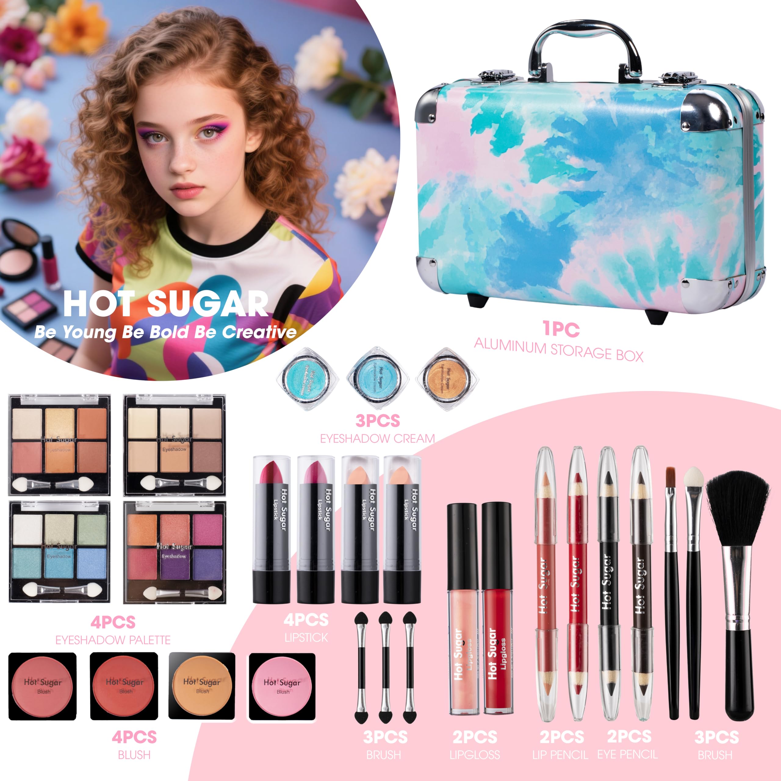 Hot Sugar Teen Makeup Kit, 27-Piece Cosmetic Gift Set for Women with Train Case Eye Shadow Palettes, Blushes, Lip Glosses - Image 3