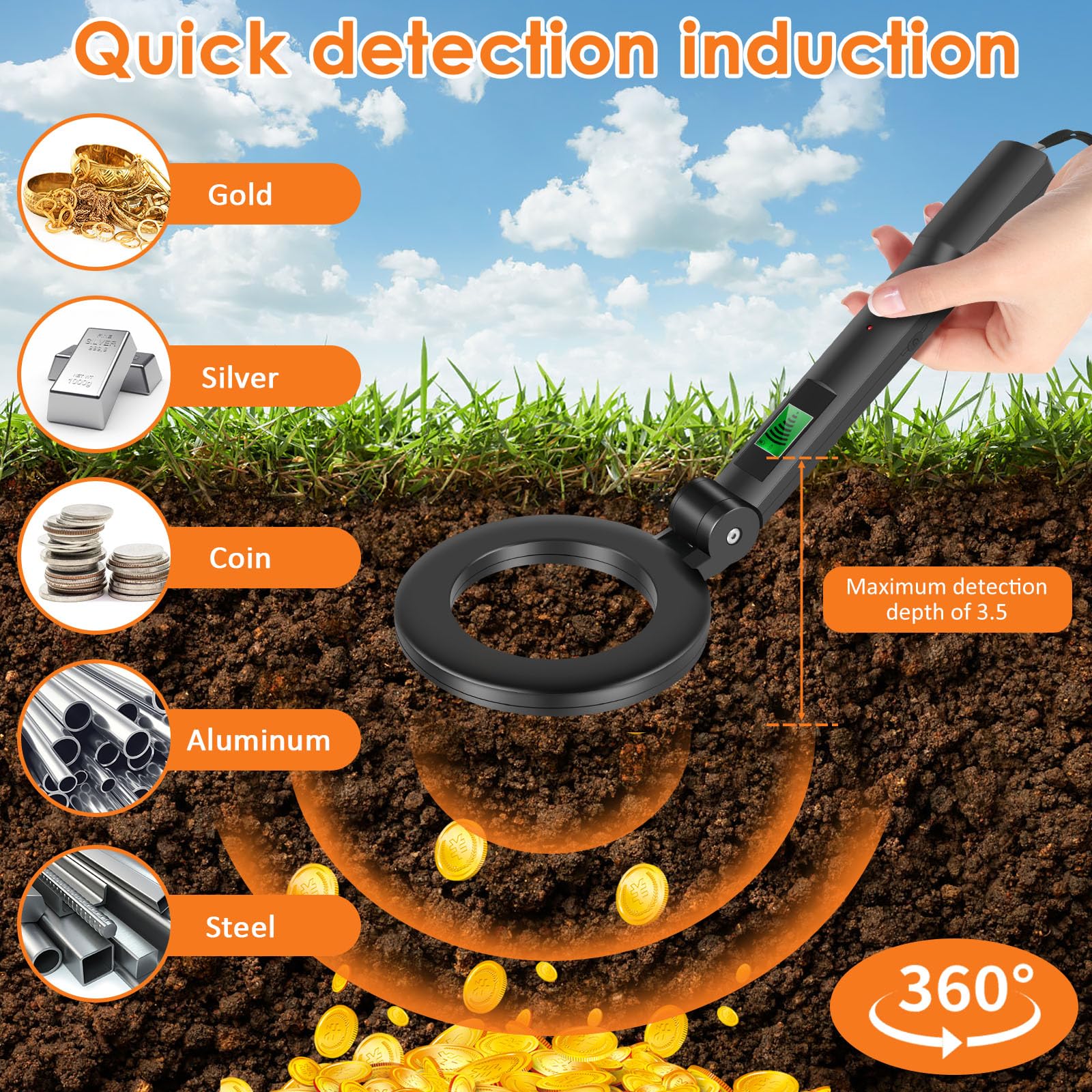 Metal detector pieghevole, display LCD portatile, strumento di rilevamento dei metalli con 3 modalità regolabili, rilevatore di metalli leggero ad alta sensibilità con bobina di ricerca impermeabile