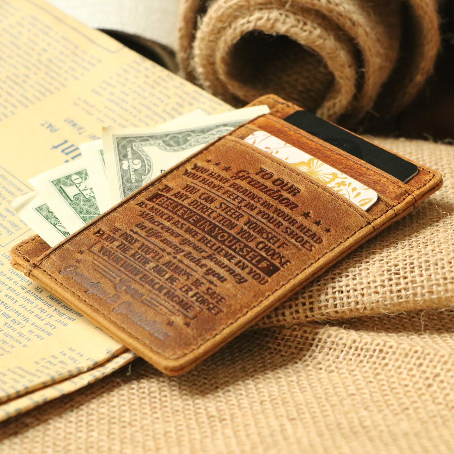 Leathrr Card Holder Wallet,Engraved Front Pocket Minimalist Leather Slim Card Case RFID Blocking Card Clip Wallet for Men.