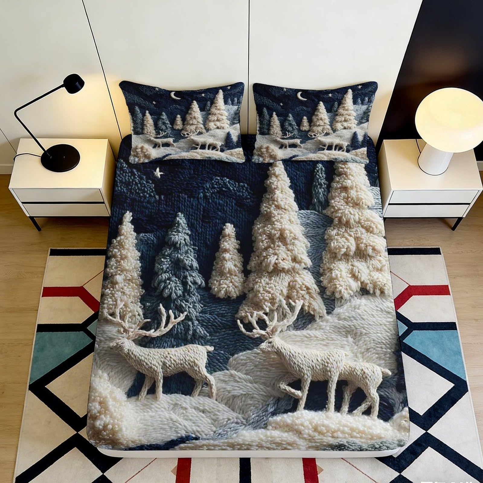 3D Printed Winter Forest Fitted Sheet Microfiber Soft Stag Landscape Bed Cover for Bedroom Guest Room Decor 90x200x25cm
