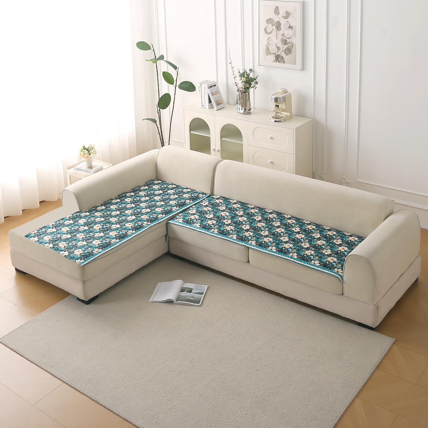 HOKIPO 'Florentina Series' L Shape (3+3 Seater) Sofa Cover Seat Mat | Premium Multi-Needle Quilted Holland Velvet Sofa Mat + Foam Filling + Anti-Slip Backing, Pansies Teal (IN-882-V5*2)-image-22