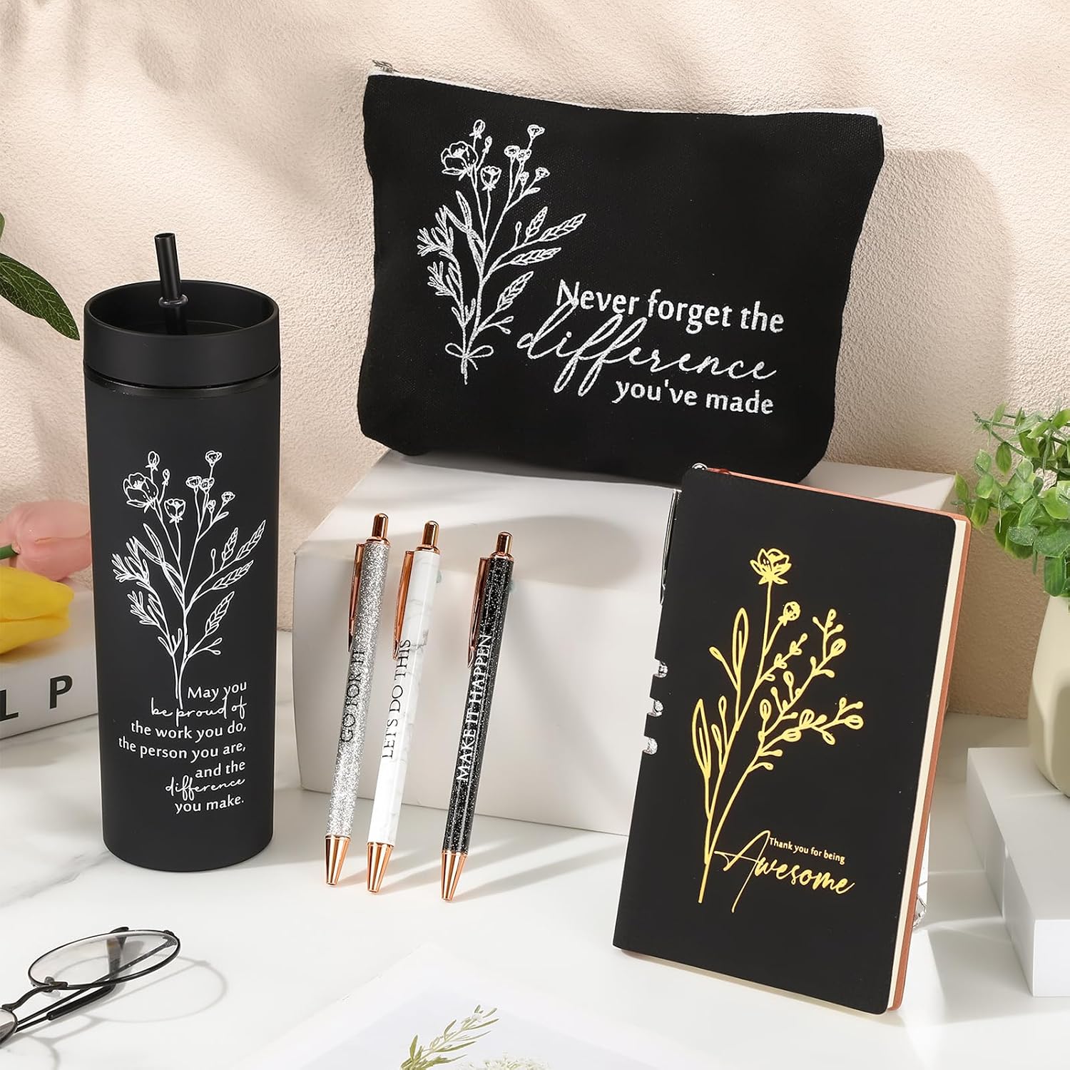 6 Pcs Valentines Office Coworkers Appreciation Gift Set for Lady Women Thank You Gift Bulk for Employees 16 oz Plastic Tumbler Makeup Bag Journal Pens for Staff, Team, Teacher, Nurse - Image 4