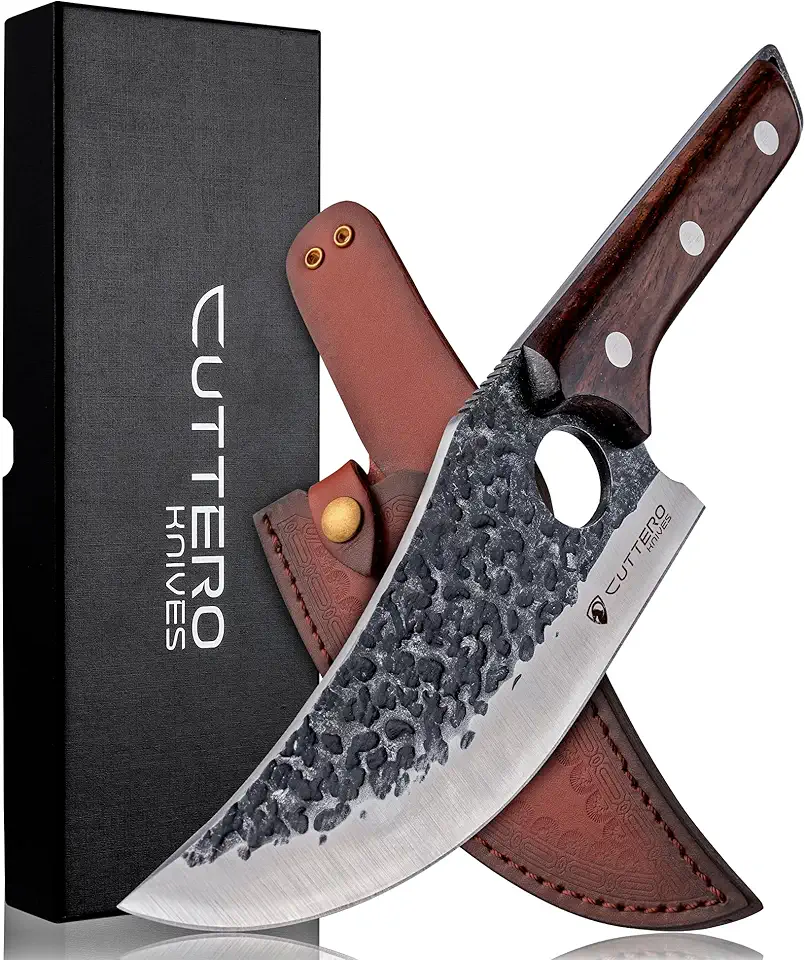 Cuttero Faca de chef exclusiva de 18 cm | Aço japonês totalmente forjado à mão, desossamento versátil e cutelo de açougueiro com cabo de madeira maciça | Ideal para cozinhar em casa, churrasco ao ar