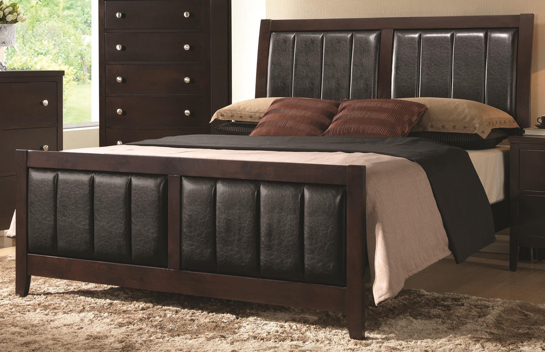 Coaster Carlton Queen Size Panel Bed with Black Padded Leatherette Tapered Legs Solid Wood and Veneers Construction, In Cappuccino **** incomplete only box 1 of 2