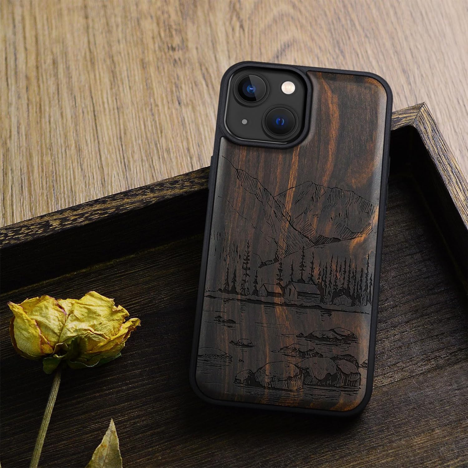 Carveit Magnetic Wood Case for iPhone 14 Case [Natural Wood & Black Soft TPU] Unique & Classy Wooden Shockproof Protective Cover Compatible with magsafe (Lakes and Mountains -Blackwood)