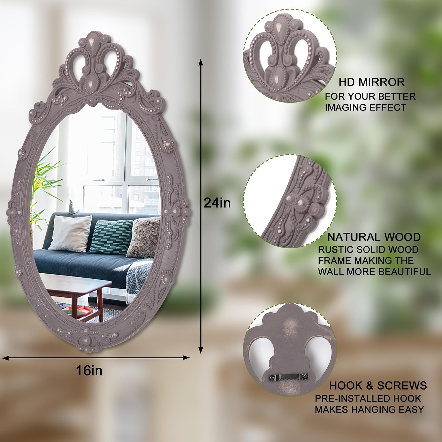 Brown Rustic Mirrors for Wall Vintage Carved Oval Wood Framed Mirror Decorative Wall Hanging Mirror for Bedroom Living Room Bathroom 24 x 16 inch