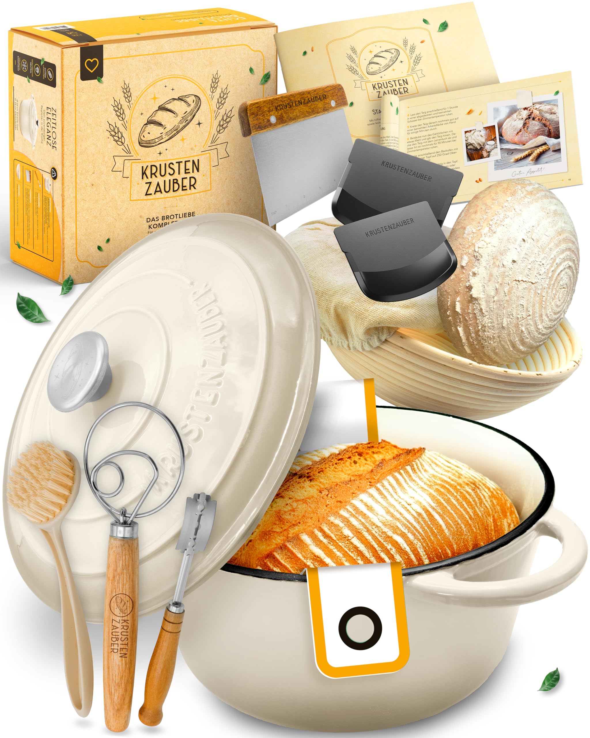Gusseisen Topf Brot Backen emailliert im XXL Set - Brotbackform mit Deckel inkl Gärkorb, Schneebesen, Bäckermesser, Teigschaber, Brotschlinge etc. Perfektes Brotbacktopf Set für Anfänger