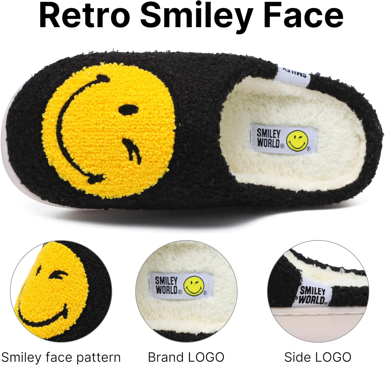 Smile Face Slippers for Womens Mens Soft Plush House Slippers Retro Happy Slip-On Slides Winter Warm Comfy Memory Foam Fluffy Indoor Outdoor Shoes - Image 3