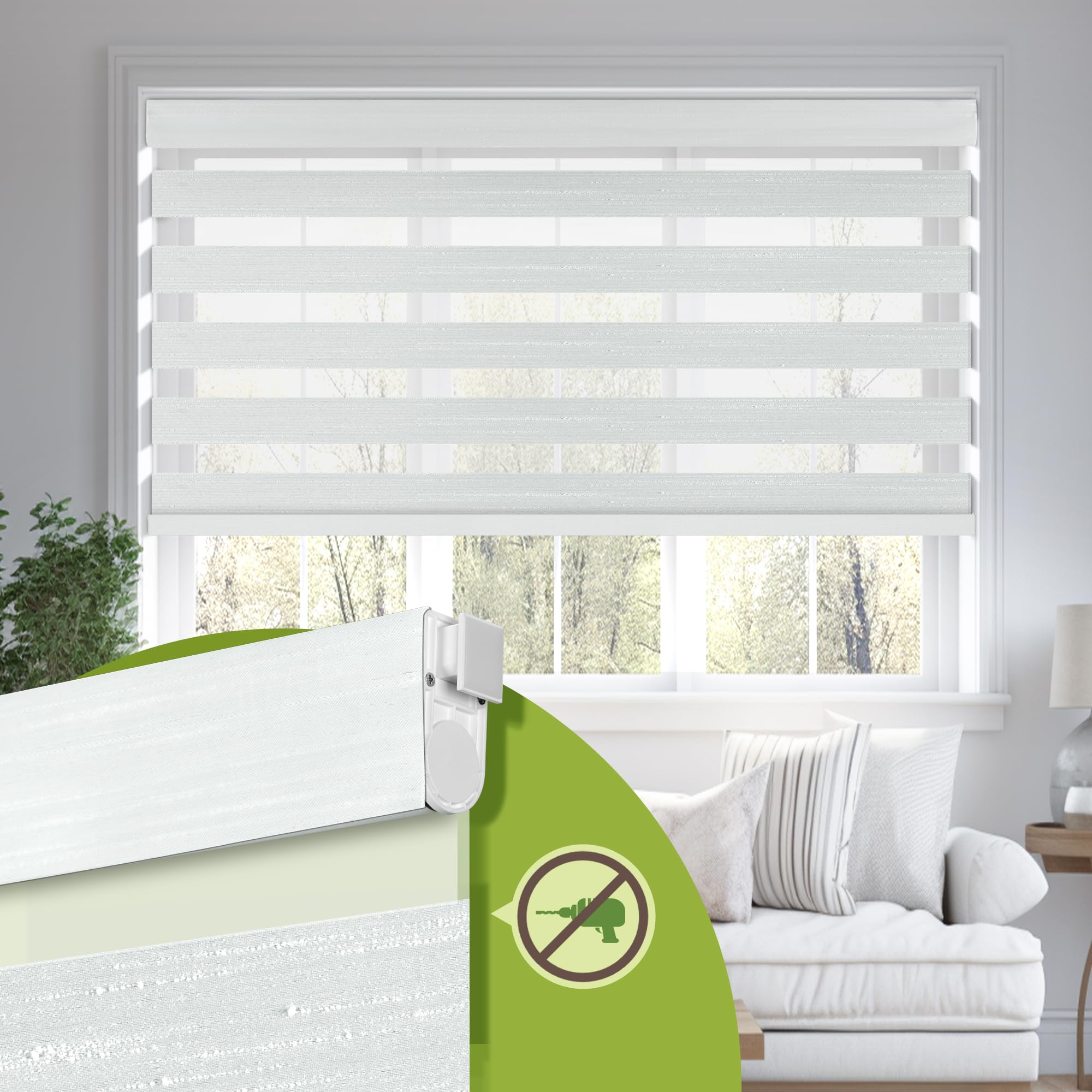No Drill No Tools Cordless Dual Layer Zebra Blinds for Windows, Blackout Zebra Shade for Indoor Windows,Easy to Install Thermal Insulated Blinds, Silver White, Custom Size