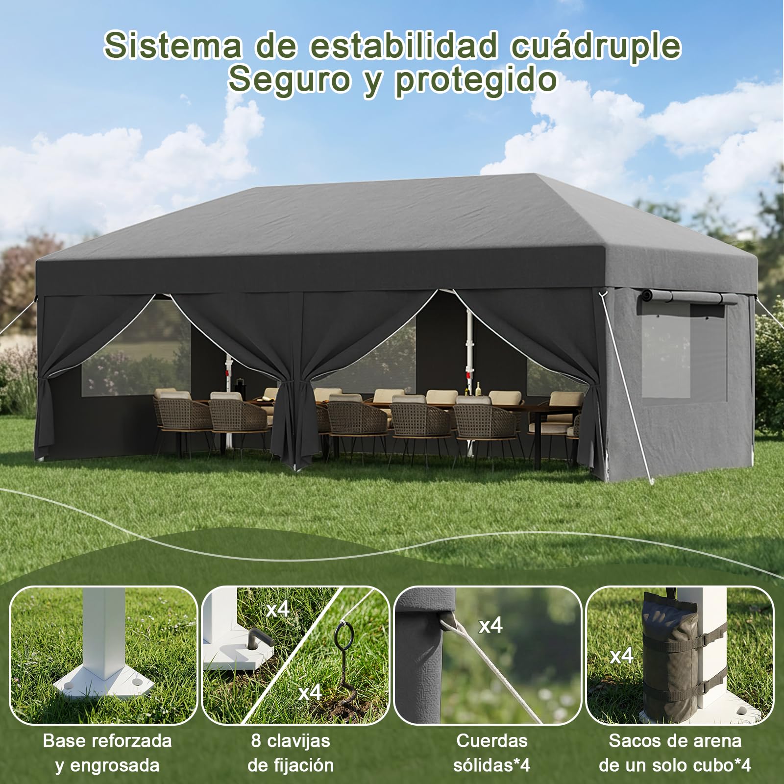 DEVOKO Carpa plegable con ventanas de malla ventilada,pabellón impermeable y resistente al invierno de3x6m,carpa plegable con laterales, protección UV50+carpa para fiestas en jardines patios y camping