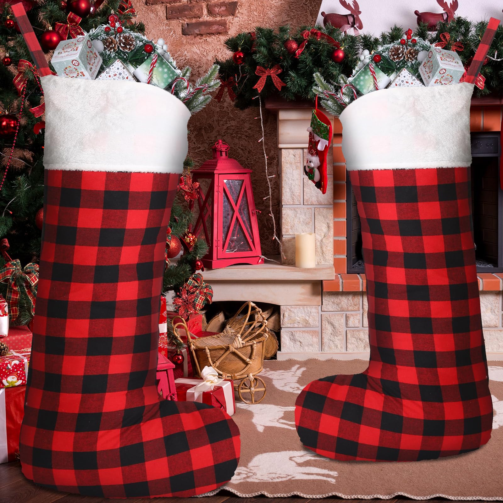 2 Stück 109,9 cm große Weihnachtsstrümpfe, extra groß, riesig, Büffelkariert, schwarz, rot, übergroßer Weihnachtsstrumpf für Familie, Kinder, Weihnachtsbaum, Party, Urlaubsdekoration (weißer Plüsch)