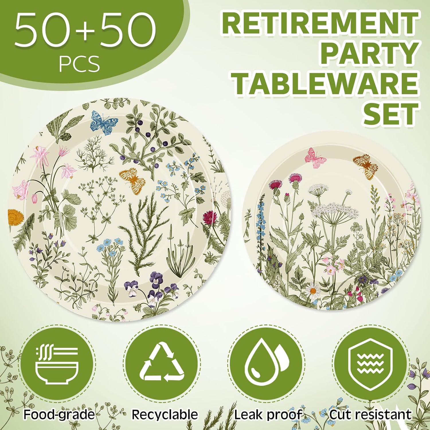 Mumufy 100 Pack Floral Paper Plates 9 & 7 Disposable Wildflower Dessert Plates Green Watercolor Dinner Tableware Floral Party Decoration for Wedding Birthday Baby Shower Garden Tea Party Supplies - Image 3