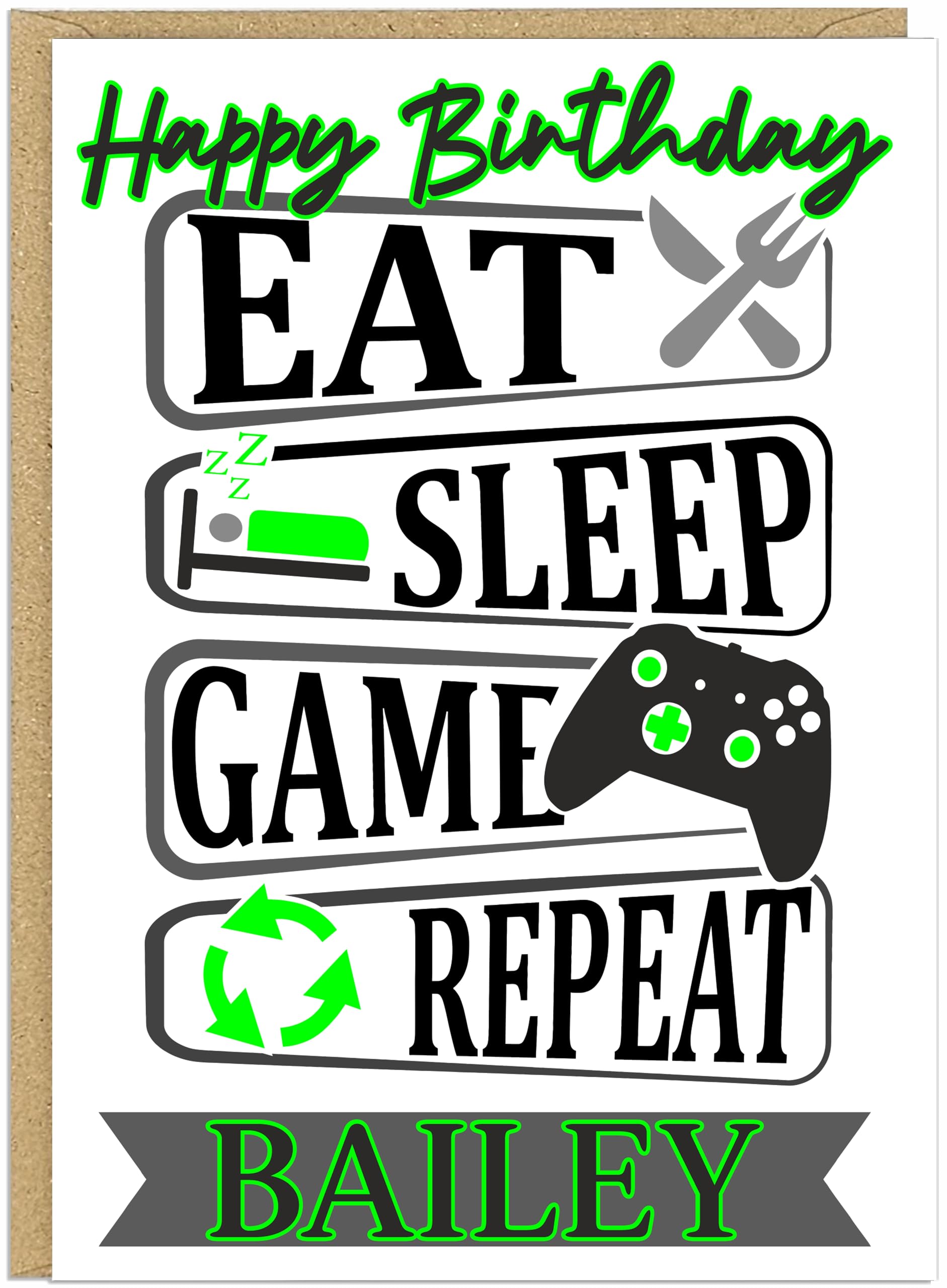 Personalised Adult Gamer Happy Birthday Cards - Gaming Quotes Mancave Consoles Controllers A5 Add Name Greetings Cards for Men Dads Brothers, 7 Fun Designs (Eat Sleep Game Green)
