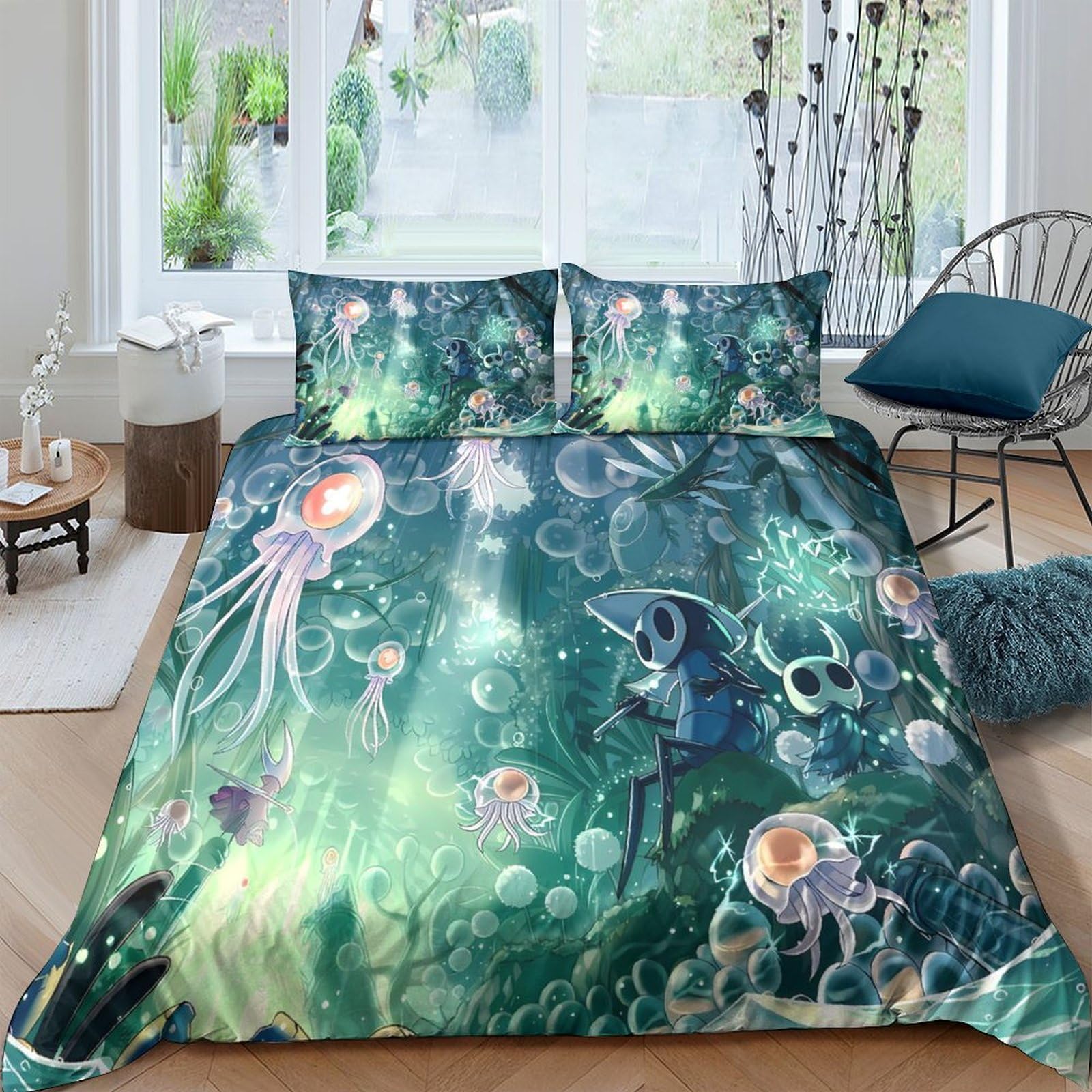 TUFRTGYHN 3D Printed Underwater Ocean Duvet Cover Microfiber Soft Breathable Jellyfish Bedding Set with 2 Pillowcases for Bedroom Decor Single（135x200cm）