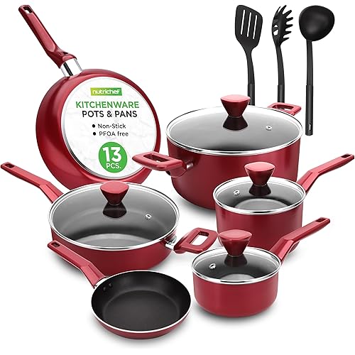 NutriChef 13 Pcs. Nonstick Kitchen Cookware PFOA-Free Heat Resistant Kitchenware Set w/Saucepan, Frying Pans, Cooking Pots, Casserole, Lids, & Utensils, Red NCCWA13RD