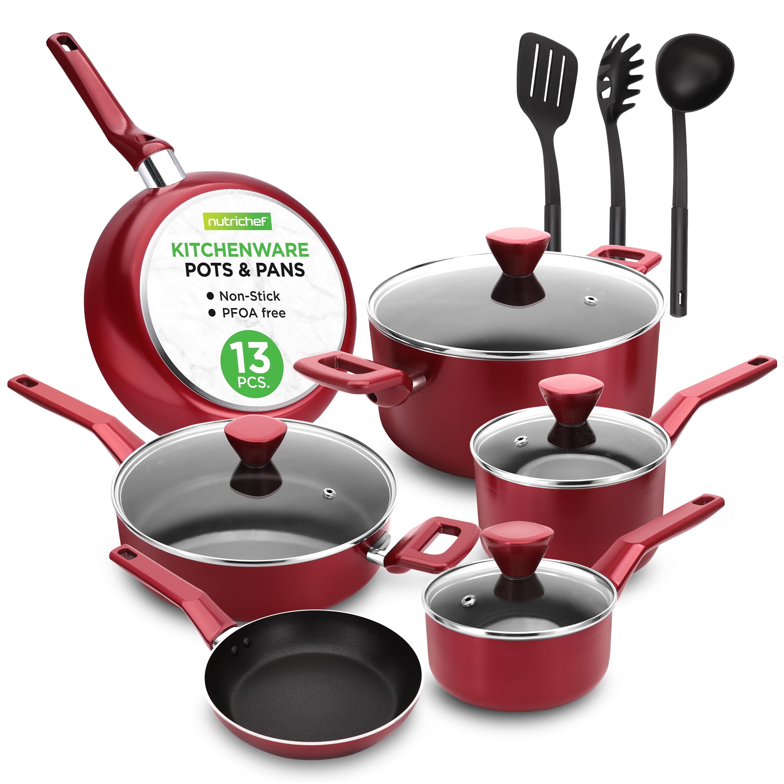 NutriChef13 Pcs. Nonstick Kitchen Cookware PFOA-Free Heat Resistant Kitchenware Set w/Saucepan, Frying Pans, Cooking Pots, Casserole, Lids, & Utensils, Red NCCWA13RD